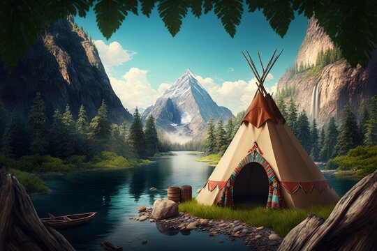 Native american indian teepee on lake with mountains in background. Generative AI