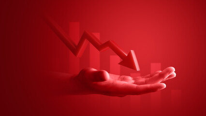 Hand crisis business graph red 3d arrow fall financial chart investment market concept on banking crash background of down finance global economy loss stock recession failure strategy impact diagram. © Lemonsoup14
