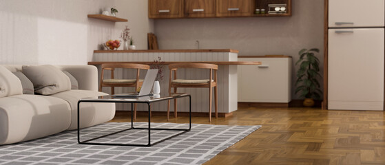 Cozy apartment living room with kitchen interior design in white and wood style