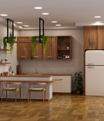 Beautiful cozy Scandinavian kitchen with wood mini counter bar, cabinet, fridge, parquet floor
