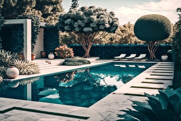 Luxury Outdoor Garden Design with Swimming Pool, AI Generated