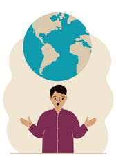 The man spread his arms and the planet Earth is above his head. Earth day holiday concept, saving the planet, saving energy, global warming or climate change.