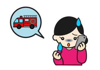 スマホで消防車を呼ぶ女性