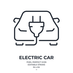 Electric car editable stroke outline icon isolated on white background flat vector illustration. Pixel perfect. 64 x 64.