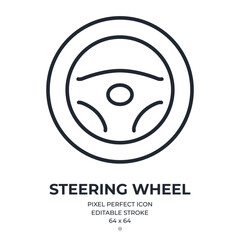Steering wheel editable stroke outline icon isolated on white background flat vector illustration. Pixel perfect. 64 x 64.