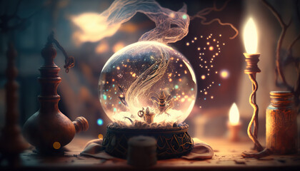 Magic fortune telling crystal ball. Mystic magical background with copy space. Fantasy illustration. AI generative image.