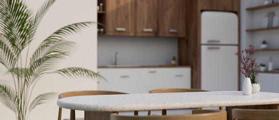 Obraz na płótnie Canvas Mockup space on minimal dining table in minimal cozy Scandinavian kitchen.
