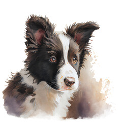 Border collie puppy portrait, isolated watercolor illustration on transparent or white background, generative AI