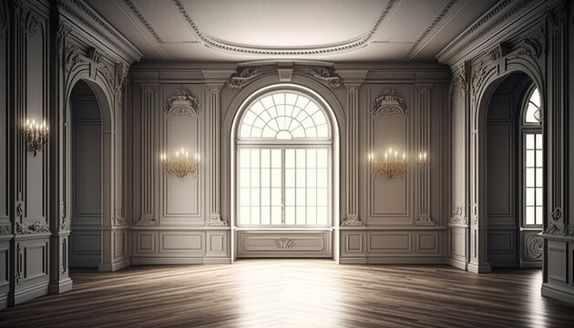 Beautiful luxurious empty hall, modern interior indoor background. AI generative image.