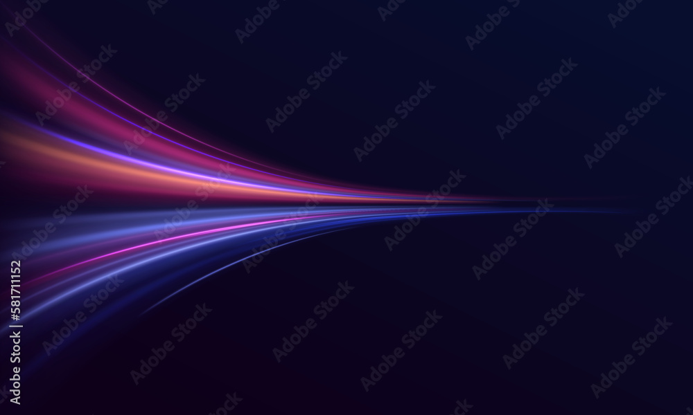 Poster Neon color glowing lines background, high-speed light trails effect. Futuristic dynamic motion technology.	