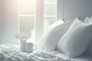 Fototapeta na wymiar Illustration of cozy morning in the bedroom. Cup with hot drink indoor background with copy space. AI generative image.
