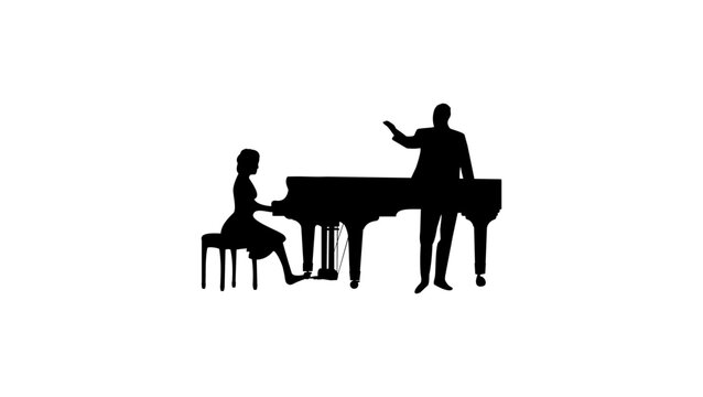 pianist plays the piano and man singer sing opera song at stage