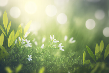 Close up selective focus spring nature floral background with copy space. Blurry organic green landscape, Bright fresh grass backdrop with place for text. AI generative image.