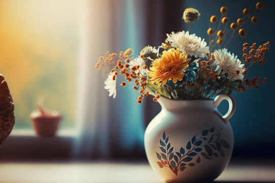 Spring time still live with bouquet of flowers in vase on blurred window background. AI generative image.