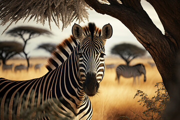 Portrait of zebras in safari, generative AI - obrazy, fototapety, plakaty