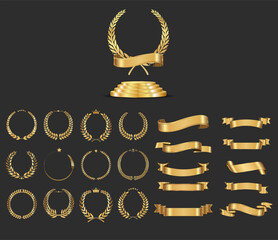 Collection of golden ribbons and laurel wreaths and gold podium vector illustration