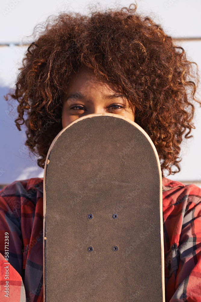 Poster Why walk when you can skate. a young woman out skateboarding in the city.