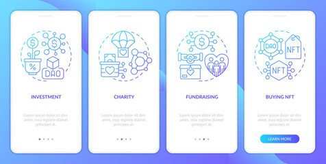 Naklejka premium DAO usage purpose blue gradient onboarding mobile app screen. Internet business walkthrough 4 steps graphic instructions with linear concepts. UI, UX, GUI template. Myriad Pro-Bold, Regular fonts used