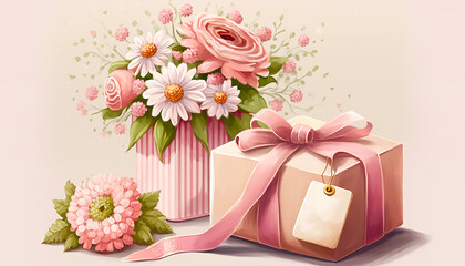 Pink flowers and gifts, -Generative AI