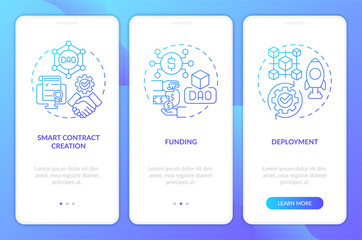 DAO lunch stages blue gradient onboarding mobile app screen. Technology walkthrough 3 steps graphic instructions with linear concepts. UI, UX, GUI template. Myriad Pro-Bold, Regular fonts used