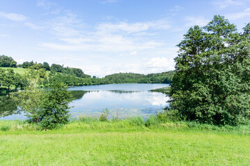 Fototapeta na wymiar Schöner See mit Wiese und Bäumen umrahmt schönes Wetter 