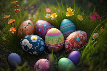 Fototapeta na wymiar Easter eggs on a meadow with flowers. Generative AI.