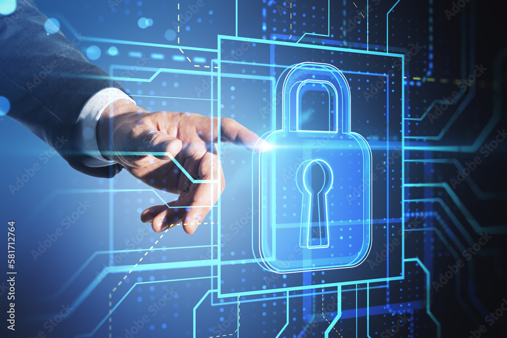 Poster close up of businessman hand pointing at glowing safety and security circuit padlock hologram on blu