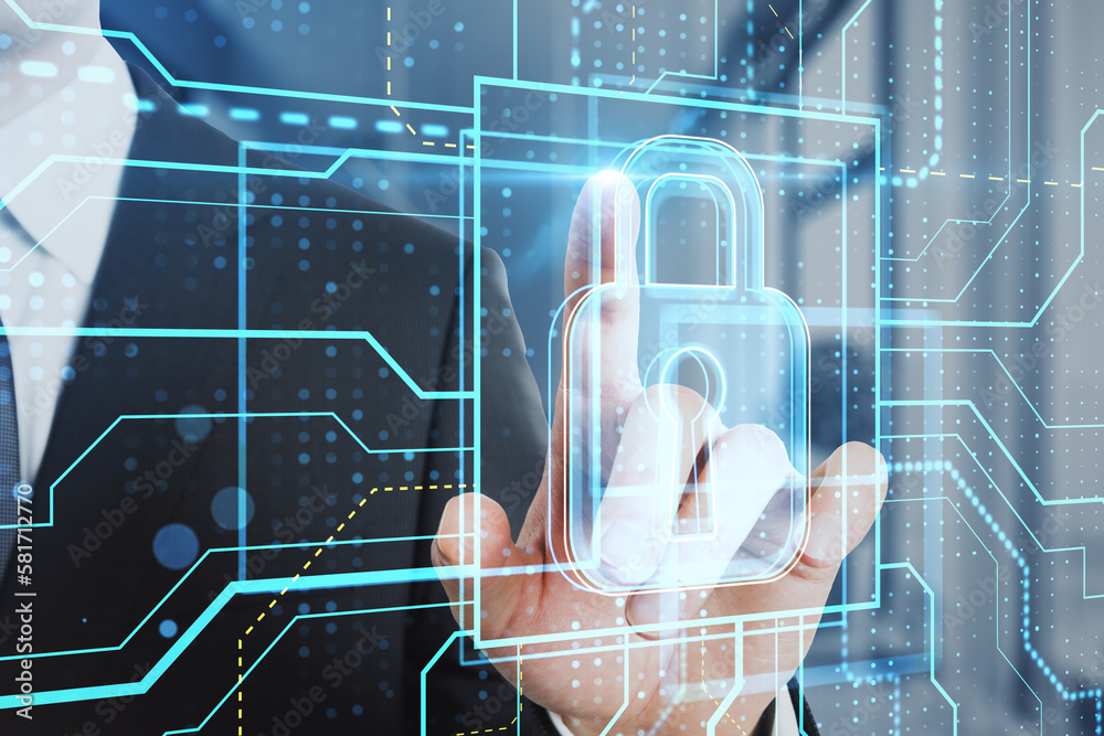 Poster close up of man hand pointing at glowing safety and security circuit padlock hologram on blurry back