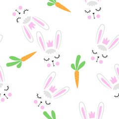 Bunny baby rabbit pattern design with bunny heads and carrots - funny hand drawn doodle, seamless pattern. Lettering poster or t-shirt Happy Easter design. Wallpaper, wrapping paper, background.