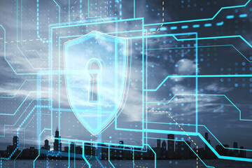 Glowing safety and security circuit padlock shield hologram on blurry city texture. Double exposure.