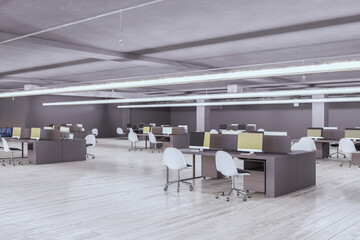 Contemporary light coworking office interior with furniture, equipment and other items. Workplace and commercial space concept. 3D Rendering.