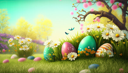Easter eggs on a meadow with flowers. Generative AI.