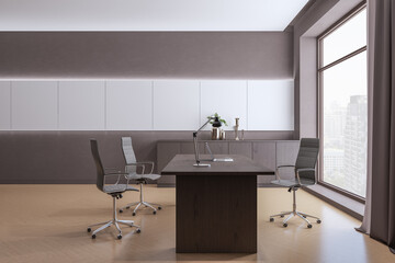 Modern bright office interior with furniture and equipment, window with city view and curtain. 3D Rendering.
