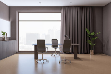 Contemporary bright office interior with furniture and equipment, window with city view and curtain. 3D Rendering.