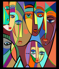 Colorful background, cubism art style,composition of abstract colorful faces on orange background - 581712971