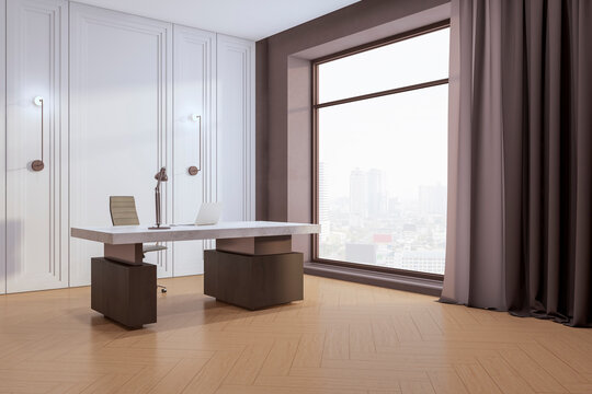 Contemporary light office interior with furniture and equipment, window with city view and curtain. 3D Rendering.