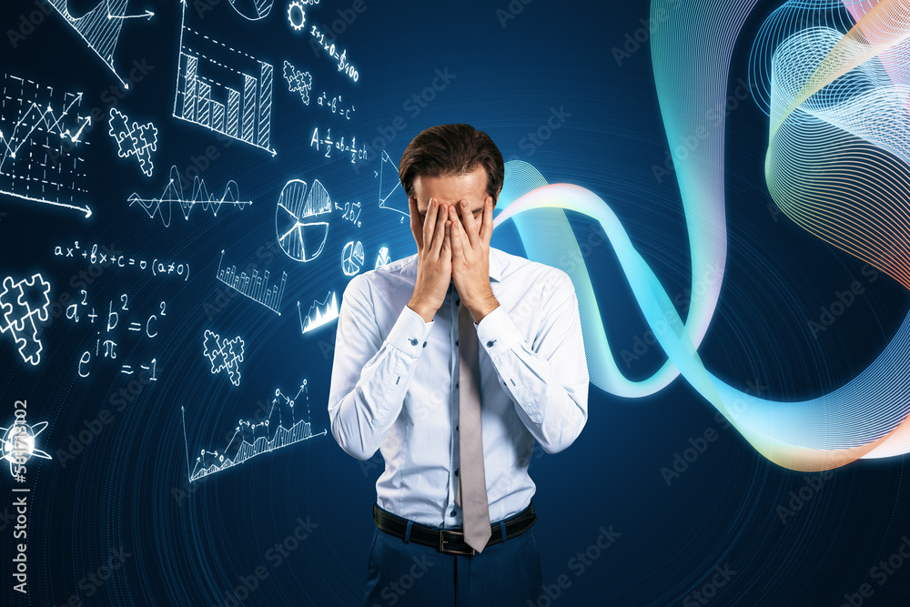 Poster portrait of stressed young european businessman covering face with glowing mathematical formulas hol