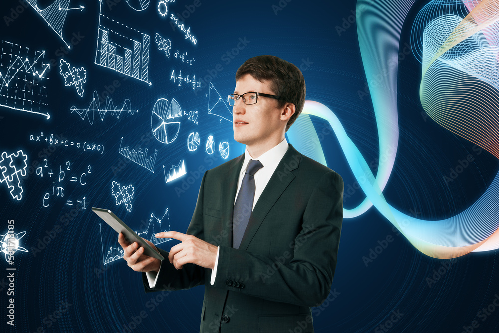 Poster Portrait of attractive young european businessman using mobile phone with glowing mathematical formulas hologram on blurry blue background. Equation, digital data and mathematics app concept.