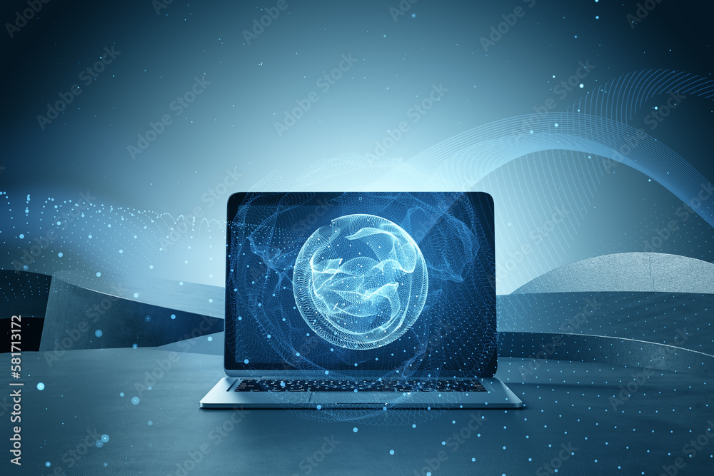 Poster close up of laptop computer on desktop with polygonal globe on blurry background. world map with glo