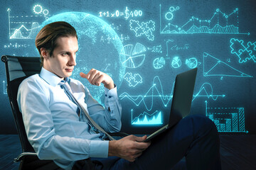 Thoughtful young european businessman with laptop and glowing mathematical formulas and globe hologram on blurry blue background. Equation, digital data and mathematics app concept.