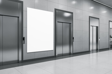 Perspective view on blank white poster with place for advertising text or logo brand between steel elevators in spacious business center corridor hall with grey wall background. 3D rendering, mock up