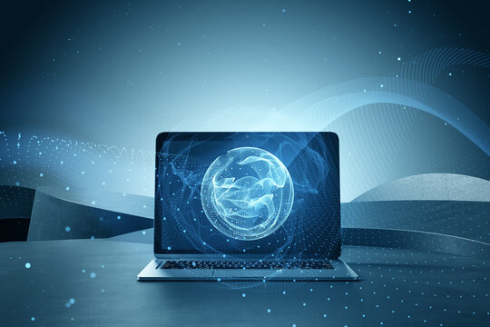 Close up of laptop computer on desktop with polygonal globe on blurry background. World map with global social network. Future concept. Blue futuristic background with planet. Double exposure.