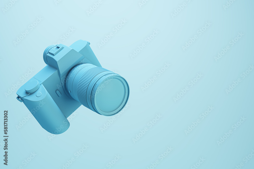 Poster creative minimal photo camera on light blue background with mock up place for advertisement. technol