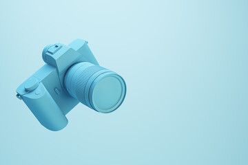 Creative minimal photo camera on light blue background with mock up place for advertisement. Technology, hobby and picture concept. 3D Rendering.