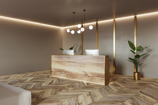 Perspective view on stylish reception desk made from natural wooden slab with modern computers on parquet floor with green plants on beige wall golden decorated background. 3D rendering