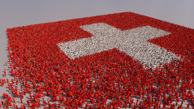 Swiss Flag formed from a Crowd of People. Banner of Switzerland on White.