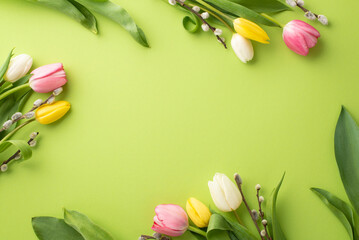Fototapeta na wymiar Mother's Day concept. Top view photo of floral decorations pussy willow branches and colorful tulips on isolated light green background with empty space
