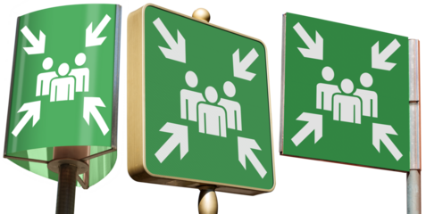 Emergency assembly point. Collection of three green signs isolated on white or transparent background. Sign indicating where people should congregate following an emergency evacuation of the building.