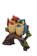 Sculpture Owls over white background. Owls cute couple sculpture isolated.