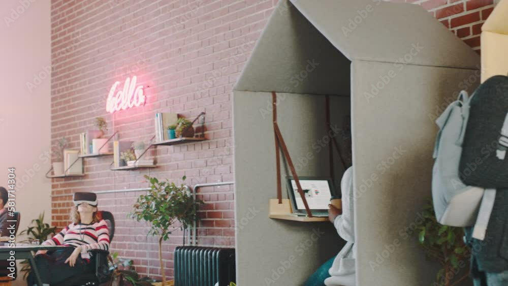 Aufkleber technology, creative workspace and business people in cubicle in busy, startup and modern office. te